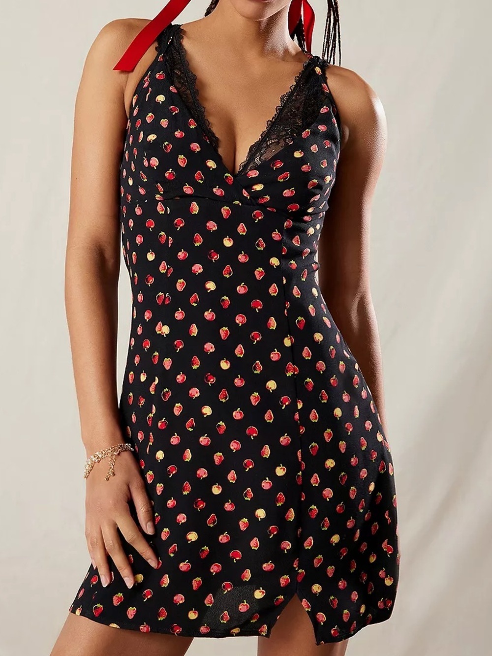 NWT Kimchi Blue Micro Fruit Print Black Hana Strappy Back Halter Mini Dress- M